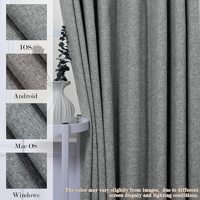 Mid Grey Pinch Pleat 100% Blackout Drapes Linen Blend, Room Divider, Room Darkening, Energy Saving, Furniture Protecting, Light Blocking Extra Wide Privacy Curtains, 200Wx108L, 1 PC