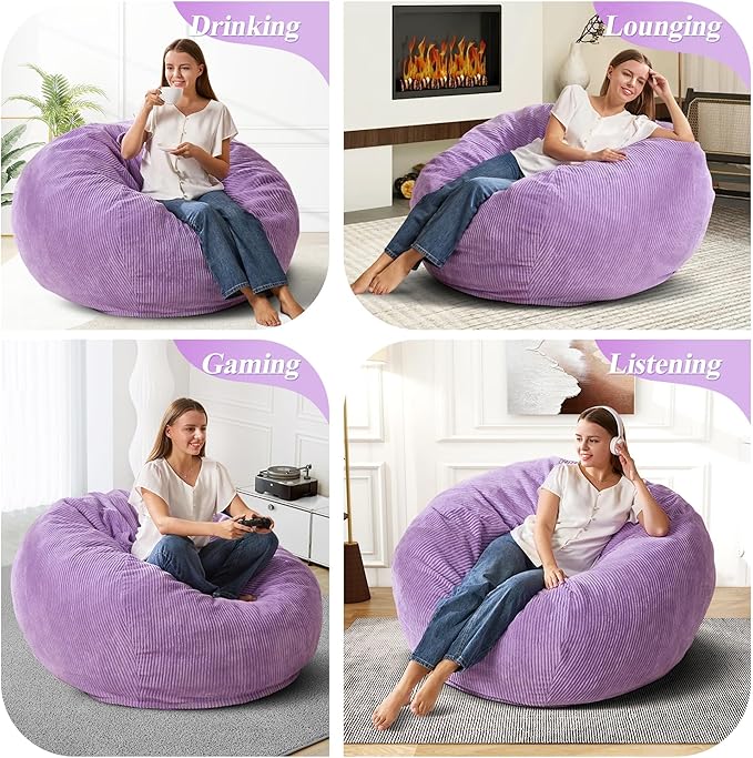 3.5FT Bean Bag Chairs Teardrop Bean Bag Chair for Adults Beanbag Chair with Memory Foam Filled Machine Washable Cover for Living Room, Bedroom (Large,Purple)