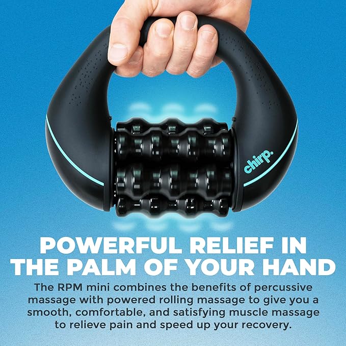 Chirp RPM Mini - Rolling Percussive Massager, Percussive Therapy, Whole Body Relief, Deep Tissue and Muscle Recovery, Percussion Massage, Rechargeable, Hands-Free Base, Powerful, 3-Speed Spin