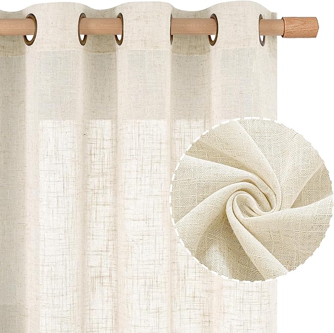 LAMIT Natural Linen 54 Inch Length Curtains for Windows, Semi Sheer Short Linen Neutral Decorative Light Filtering Drapes with Bronze Grommet for Bedroom/Nursery, 2 Panels Set, 52 X 54 Inch
