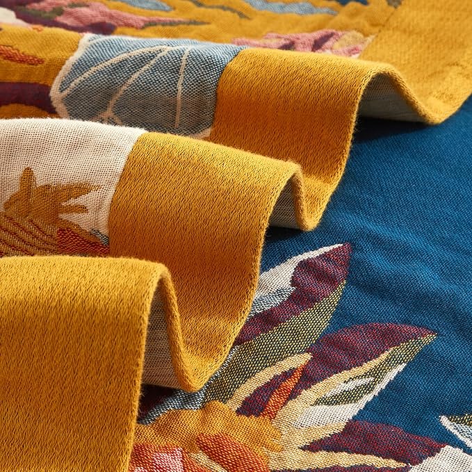 Boho Throw Blanket for Couch Sofa Bed, 100% Cotton Woven Quilt with Tassel 60”x80”, Super Soft Muslin Blanket with Floral Printed, Decorative Reversible Bed Blanket/Cover for All Seasons