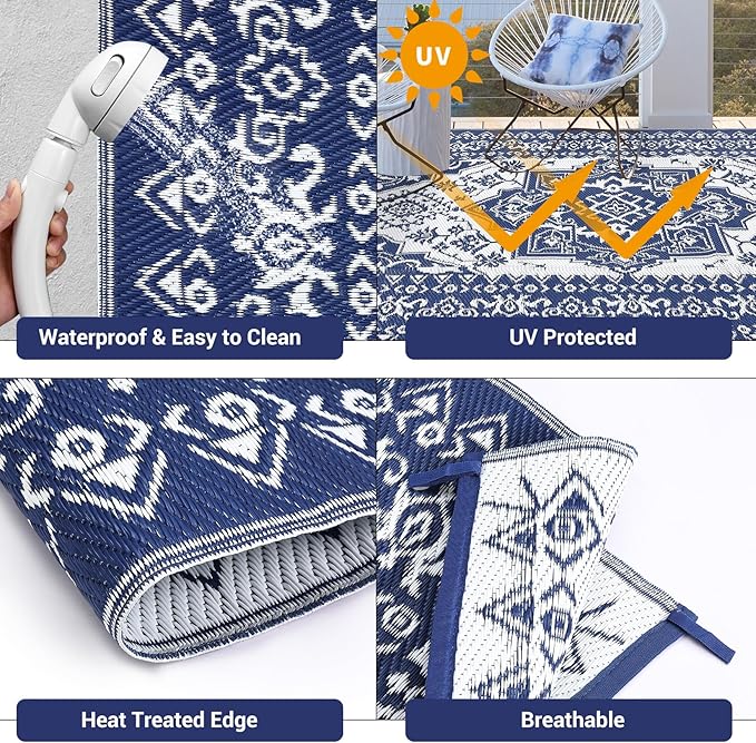 GAOMON Patio Rugs Outdoor 8x10 Waterproof Reversible Plastic Straw Rug, Large UV-Resistant Portable RV Camping Mats, Indoor Outdoor Medallion Carpet for Deck Porch Garden, Dark Blue & White