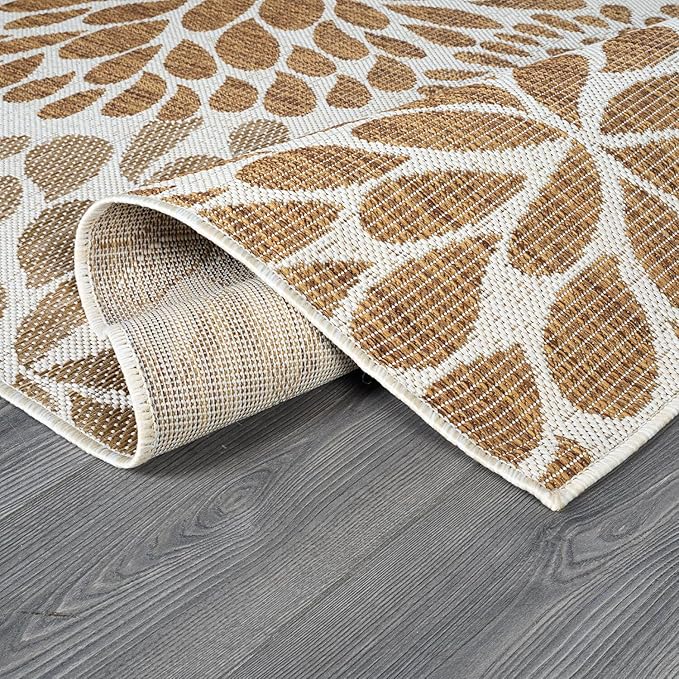 Beverly Rug Outdoor Rug 10x14 Modern Exotic Tropical Leaf Area Rugs for Indoor and Outdoor Patio Deck Porch Garden Water Resistant Washable Outside Carpet (10 x 14 Beige)