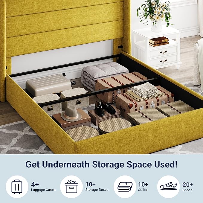 Allewie Queen Size Lift Up Storage Bed, Modern Wingback Headboard, Hydraulic Support, No Box Spring Needed, Olive Yellow
