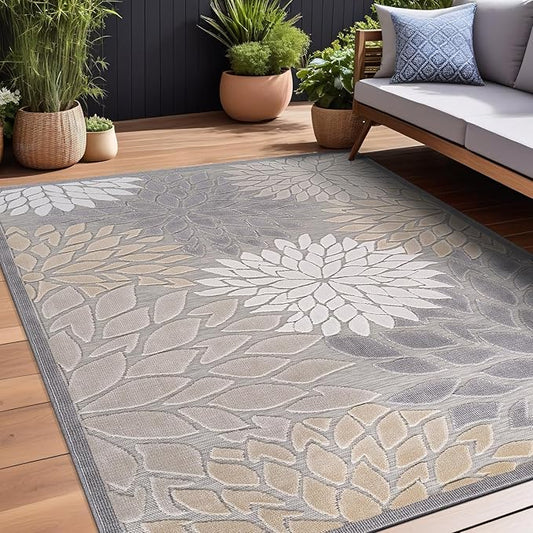 Beverly Rug Outdoor Rug 9x12 Large Modern Floral Tropical Area Rugs for Indoor and Outdoor Patio Easy to Clean Non Shedding Living Room Porch Garden Washable Outside Carpet (9 x 12 Gray)