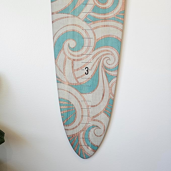 Wooden Surfboard Wall Decor Growth Chart - Surf Board Decor for Kids Room, Wooden Growth Chart for Wall, Surfboard Wall Art, Surfboards for Decoration - Teal Wave (9.5"x 45")