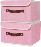 ANMINY 4PCS Storage Bins with Lid PU Leather Handles Storage Boxes PP Plastic Board Decorative Foldable Lidded Cotton Linen Fabric Home Cubes Baskets Closet Organizer Containers - Pink, Small Size