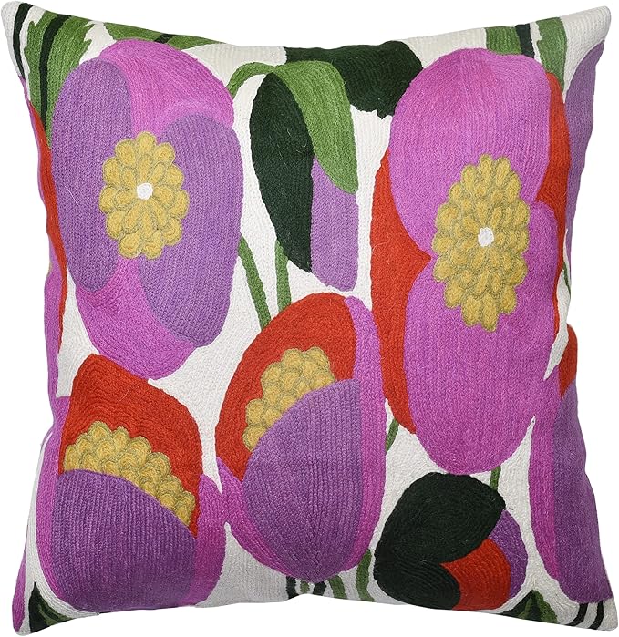 Lily Pink Flower Pillow Cover | Suzani Accent Pillow | Outdoor Floral Pillows | Hand Embroidered Wool Cushion - 18x18
