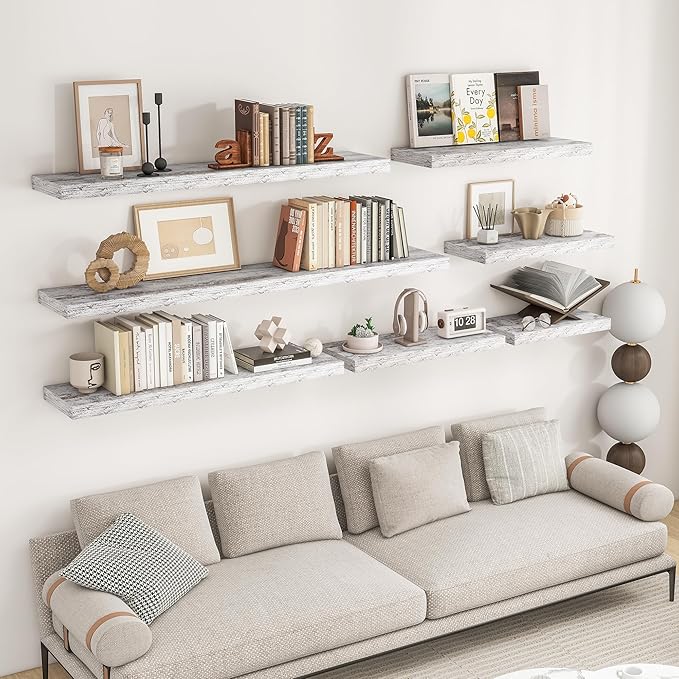 RICHFOCUS 72Inch Floating Shelves for Wall 2 Pack Shelves for Bedroom|Kitchen|Bathroom Wall Mounted Rustic Distressed Wood Floating Shelf with Invisible Brackets for Books|Storage|Decor, Rustic