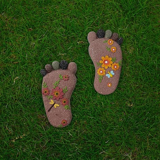 Stepping Stones - Light Brown Resin Footprint Shaped Set of 2 for Patio, Deck, Garden or Sidewalk