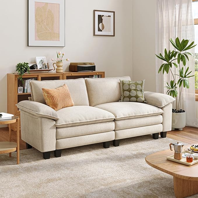 LINSY HOME Sectional Loveseat Sofa - 90'' Oversized Corduroy Cloud Couch Soft Modern Comfy Green Loveseat Couch Deep Seat Couches for Living Room Bedroom Apartment Office, Beige