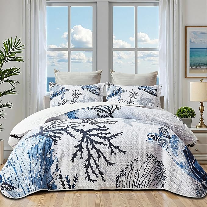 Coastal Bedding King Size Coastal Quilt with 2 Shams, Nautical Beach Comforter Sets Ocean Bedspreads Blue Seaturtle Coverlet Summer Bedding, 96''x106''