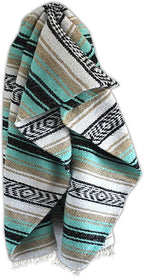 Del Mex Classic Mexican Blanket, Large Authentic Woven Falsa Throw (70"x50"), Artisan Southwest Décor for Beach, Yoga, Outdoors (Mint/Tan)