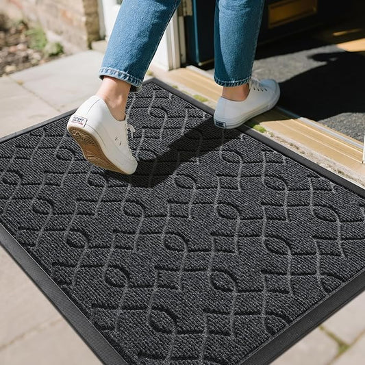 Yimobra Front Door Mat, Waterproof All-Weather Welcome Matt Outdoor Indoor, Non-Slip Low Profile Outdoor Mats for Front Door Outside Entrance, Patio Porch Entryway Mat, 29.5x17, Black Grey