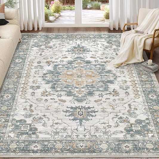 Washable Area Rugs for Living Room -9x12 Neutral Vintage Distressed Floral Farmhouse Boho Large Soft Floor Rug Indoor Non Slip Carpet for Living Room Bedroom Dining Room Office -Green/Grey