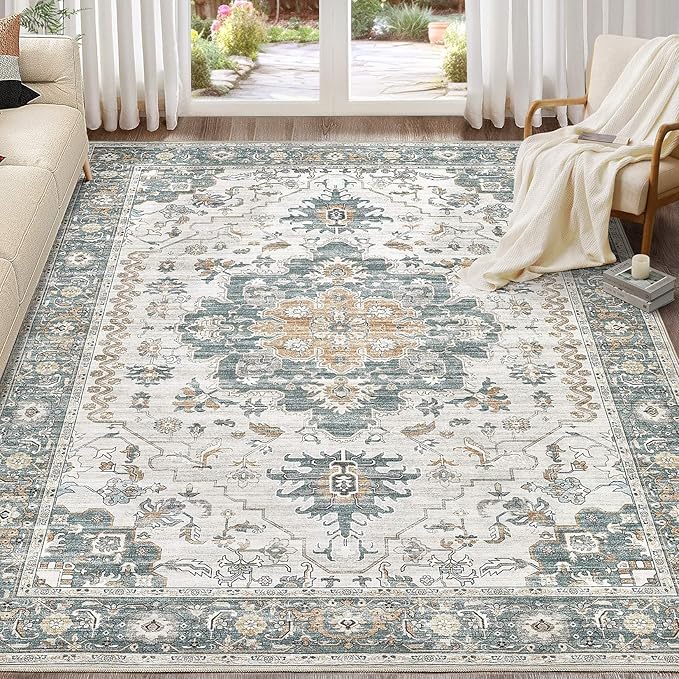 Washable Area Rugs for Living Room -10x14 Neutral Vintage Distressed Floral Farmhouse Boho Large Soft Floor Rug Indoor Non Slip Carpet for Living Room Bedroom Dining Room Office -Green/Grey