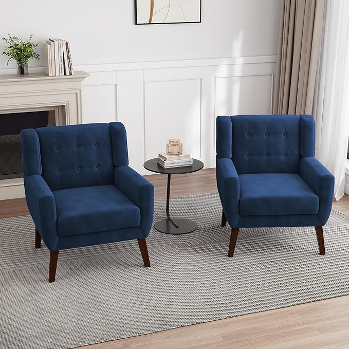 UIXE Accent Chair, Velvet Upholstered Armchair for Living Room, Modern Club Arm Chairs Comfy Single Sofa Button Tufted Bedroom Reading Seat - Royal Blue, Set of 1