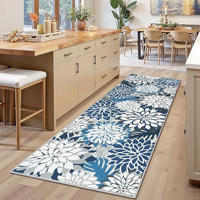 Area Rug 2x6 Blue White Washable Entry Rug Multicolored Tropical Botanical Modern Floral Indoor Kitchen Door Mat Entrance Carpet Non Slip for Bedroom Living Room, Porch