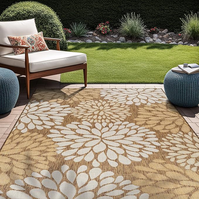 Beverly Rug Outdoor Rug 9x12 Modern Exotic Tropical Leaf Area Rugs for Indoor and Outdoor Patio Deck Porch Garden Water Resistant Washable Outside Carpet (9 x 12 Wooden)