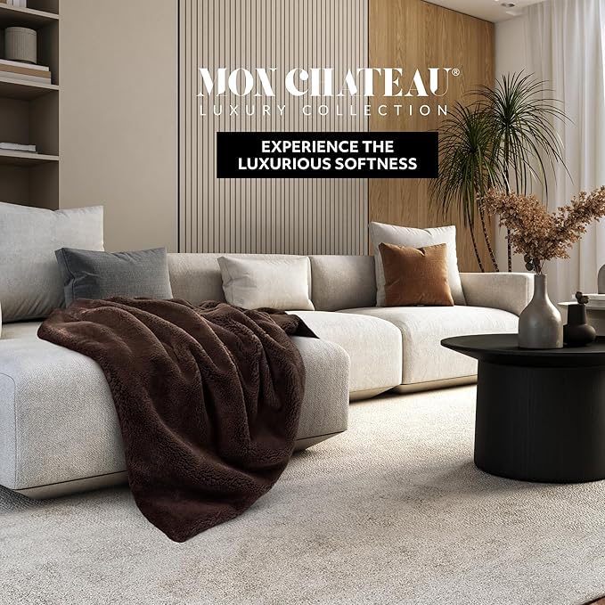 Mon Chateau Luxury Ultimate Plush Faux Fur Throw with 6cm Foldover for Couch, Sofa, or Bed - Plush Ultra Soft Blanket for Sleeping or Home Décor, 60" x 70" (Foldover Brown)