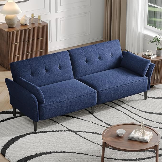 89” Futon Sofa Bed, Linen Comfy Futon Couch Bed with 2 Square Pillows, Convertible Sleeper Sofa with Adjustable Backrest& Armrests, Modern Loveseat Sleeper for Living Room, Bedroom, Blue