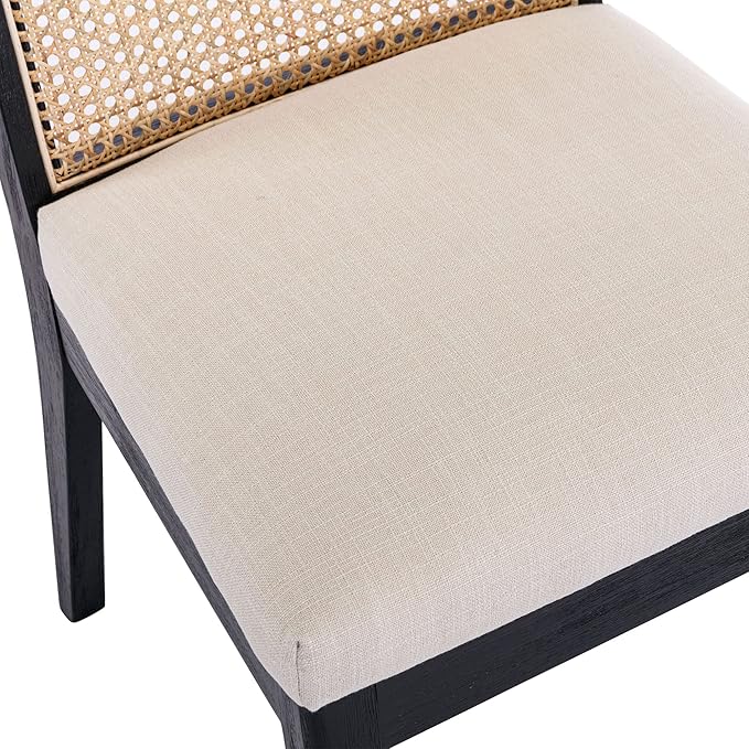 VESCASA Upholstered Dining Chairs with Square Rattan Back, Armless Padded Linen Cushion Dining Chairs with Wood Legs for Dining Room, Kitchen, Set of 6, Black Frame
