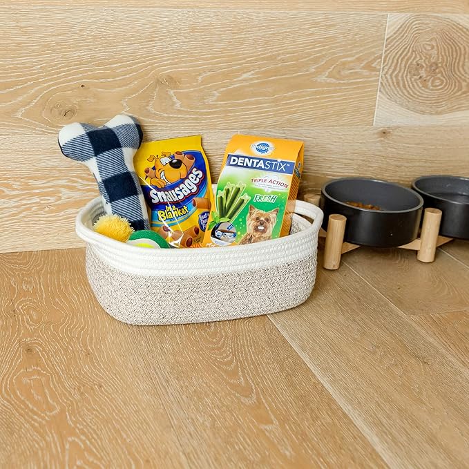 NaturalCozy 5-Piece Rectangle Storage Basket Set- Natural Cotton Rope Woven Baskets for Organizing! Small Basket for Montessori, Baby Nursery, Dog Toy Baskets, Cat Toy Box, Bathroom Organization Bin