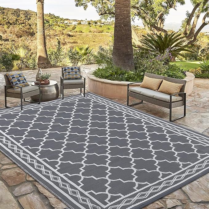 GAOMON Reversible Outdoor Rug 9'x18' Waterproof Plastic Straw Rug, Patio Rug, Large Modern Area Rug Carpet, Indoor Outdoor Rugs for Camping, Porch, Deck, Balcony, Backyard, Grey/White(Geometric)
