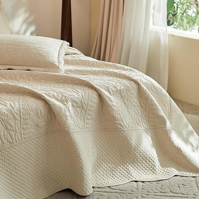 MarCielo 3-Piece 100% Cotton Oversized Bedspread Lightweight Quilt Coverlet Embroidery Farmhouse Bedding Set T0 (Yellowish Beige, Oversized King (118"x106"))