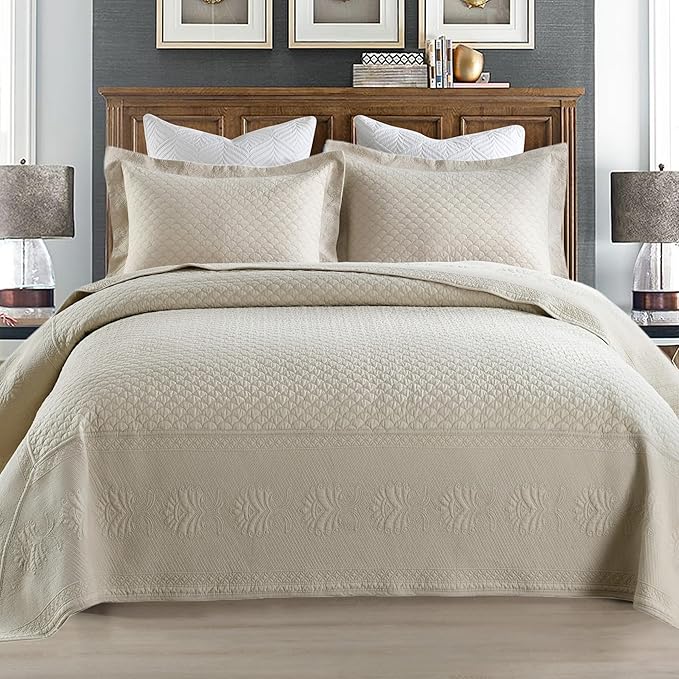 MarCielo 3-Piece 100% Cotton Oversized Bedspread Lightweight Quilt Coverlet Embroidery Farmhouse Bedding Set (TM Khaki Beige, Oversized King (118"x106"))