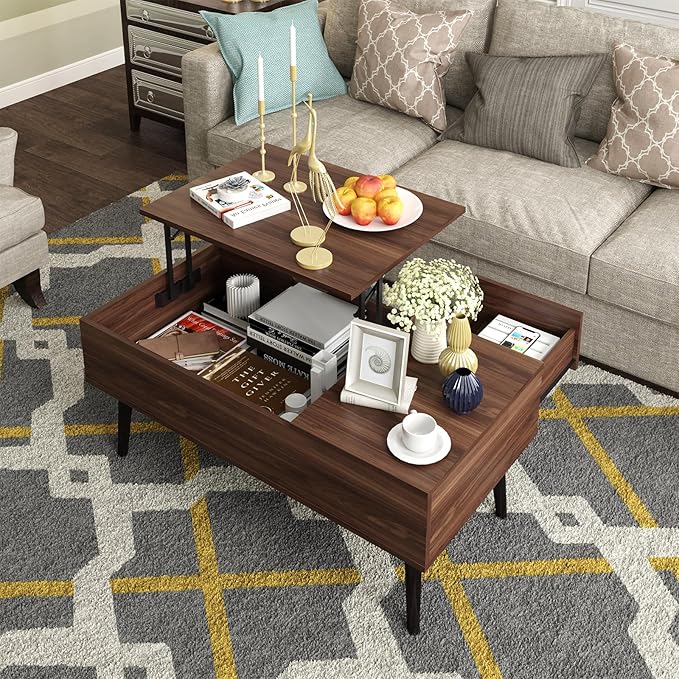 HAIOOU Lift Top Coffee Table with Storage, Mid Century Modern Coffee Tables with Drawer for Living Room,Walnut Rectangular Center Table with Pine Leg Anti-Scratching, Home, Office