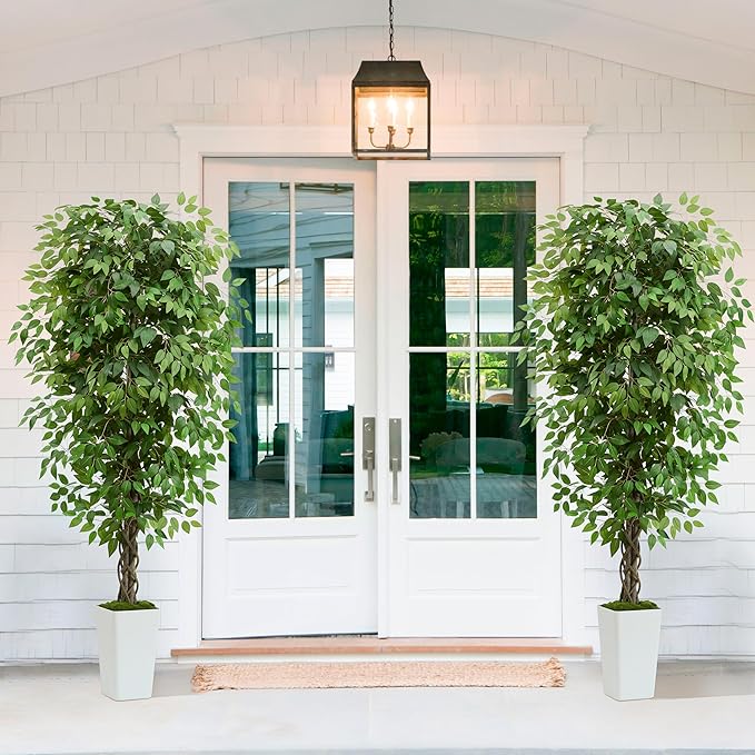 Artificial Ficus Tree 6FT Faux Plants Indoor Tall Fake Plants with White Planter, Green Lifelike Lush Fake Ficus Tree for Home Living Room Bedroom Outdoor Balcony House Office Decor