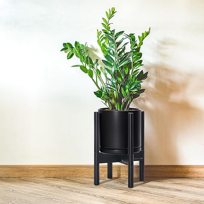 D'vine Dev Ceramic Planter with Ebony Stand - 8 Inch Modern Round Flower Pot with Wood Planter Holder, Black, 55-B-M-2