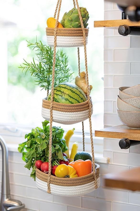 CEDAR+PINE 3-Tier Lined Hanging Fruit Basket Natural Woven Cotton with Strong Jute Rope Hanger in Gift Box Modern Hanging Basket for Kitchen