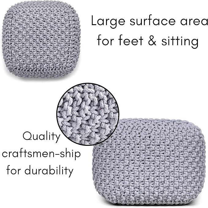BIRDROCK HOME Square Pouf Ottoman | Cotton Braided Foot Stool with Bean Bag Filling | Boho Foot Rest for Living Room, Bedroom | Compact & Comfortable Seating, Lightweight & Sturdy | Grey