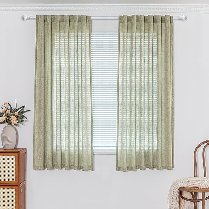MYSKY HOME Sage Green Sheer Curtains Short Window Treatment Panels Light Filtering Semi Sheer Curtains Boho Farmhouse Style Texture Soft Touch Kitchen Drapes Set, 50" Wide x 63" Long, 2 Panels