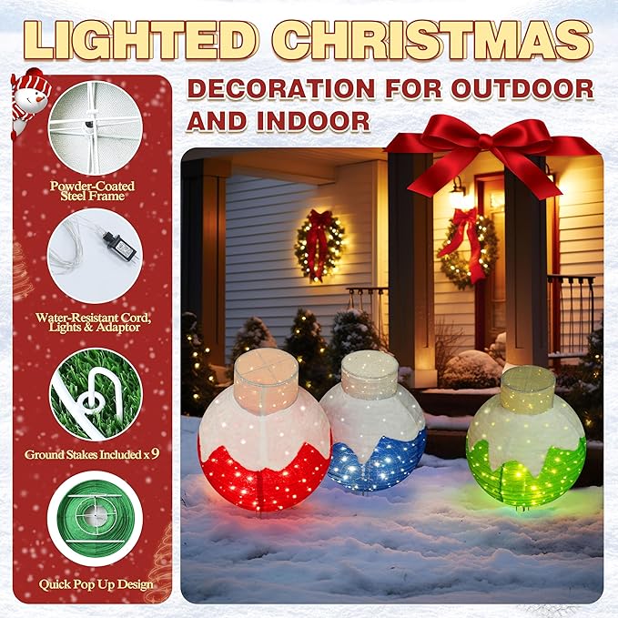 36 Inch Pop-Up Christmas Ball with 90 LED Lights for Outdoor Xmas Decor, 3-Piece Pre-Lit Iridescent Christmas Ball Ornaments Decor with Base, Outdoor 3D Glittered Standing Holiday Display