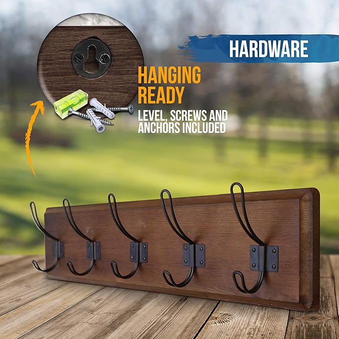 HBCY Creations Dark Wash Brown Rustic Coat Rack Wall Mount with 5 Hooks, Solid Pine Wood 24 inch Wall Hooks for Entryway, Mudroom, Hallway, Bathroom - Vintage Farmhouse Style Wall Mounted Towel Rack