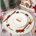 Whaline 4Pcs Round Christmas Flower Placemats Embroidered Xmas Poinsettia Place Mats Decorative Dinner Table Mats for Holiday Party Decor