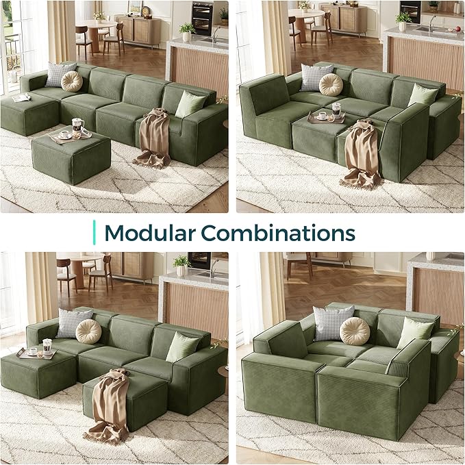 LINSY HOME Modular Sectional Sofa, 105" Boneless Couch U Shaped 3-Seat Sofa with 2 Ottomans, Corduroy Sectional Cloud Couches for Living Room, No Assembly Required, Green