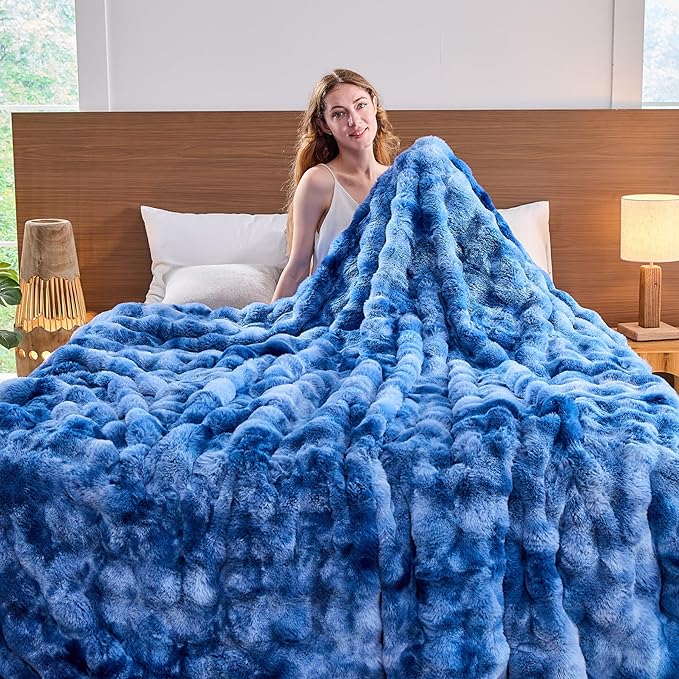 Lotus Karen Faux Fur Throw Blanket Tie-Dye Blue - Big Bubble Rabbit Fluff Blanket for Couch, Large Fluffy Fuzzy Cozy Blanket,Thick Furry Plush Shaggy Blankets,108x90 Inches