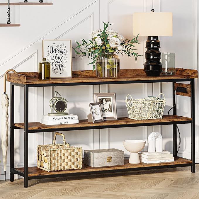 IRONCK Console Table, Sofa Table with Power Outlet, Farmhouse Hallway Table for Entryway, Living Room, Height Adjustable, Easy Assembly, Rustic Brown,55"