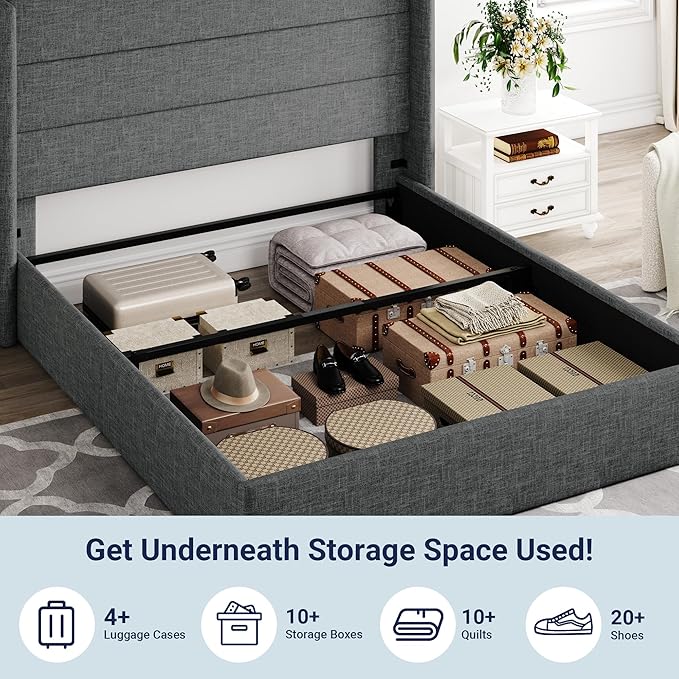 Allewie Full Size Lift Up Storage Bed, Modern Wingback Headboard, Hydraulic Support, No Box Spring Needed, Dark Grey