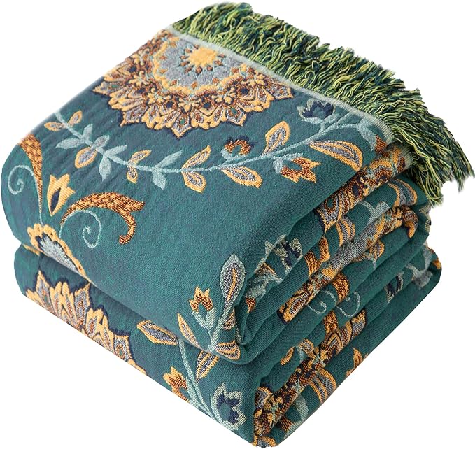 Boho Throw Blanket Twin Size, Soft Cozy Cotton Muslin Quilt Blanket for Bed Decor, Floral Patterned Couch Sofa Chair Cover, Vintage Farmhouse Cottage Tapestry Woven Blanket, Green&Beige
