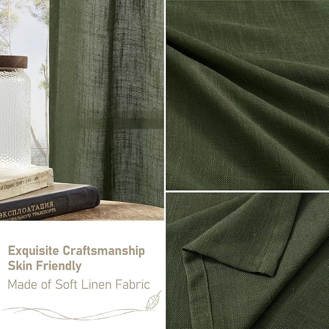 LAMIT Olive Green Linen Curtains 63 Inch Length 2 Panels for Bedroom, Light Filtering Window Treatments Semi Sheer Neutral Drapes with Bronze Grommet for Farmhouse, 34 X 63 Inch