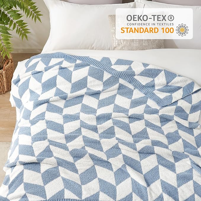 Snuggle Sac Chevron Throw Blanket for Couch, Reversible Super Soft Warm Blankets Cozy Knit Fuzzy Plush Lightweight Throws for Sofa, Bed, Camping, Blue, 50x60 inches