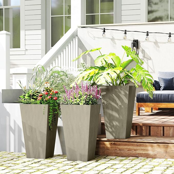 Outsunny Tall Planters for Outdoor Plants Set of 3, 28 in Taper Planters with Drainage Holes, Indoor Grande Plant Pots, Front Porch Decor, Grey