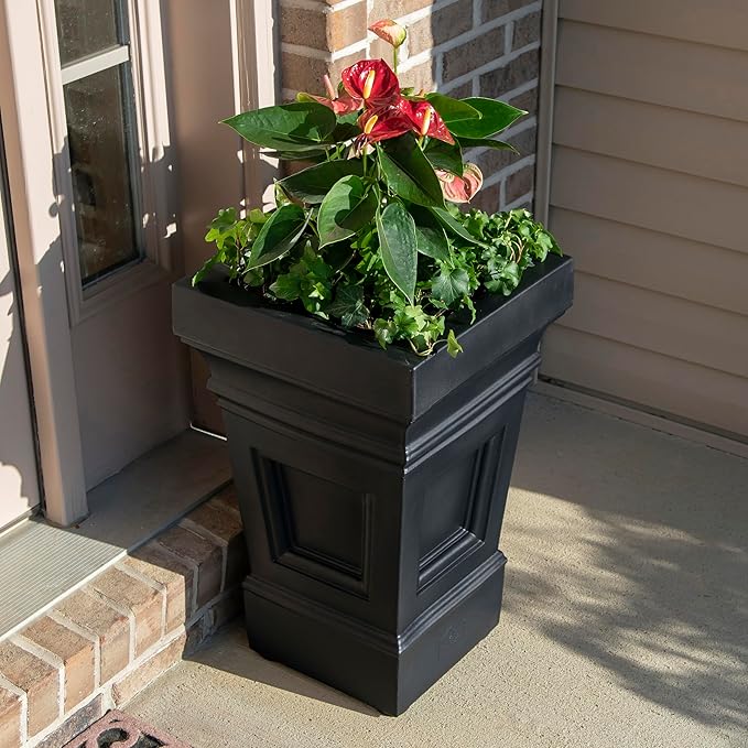 Step2 Atherton Square Planter, Large Planters for Outdoor Plants, Gardening and Flower Pot for Patio or Porch, Efficient Drainage, Durable Plastic, Onyx Black