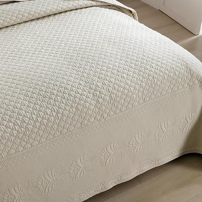 MarCielo 3-Piece 100% Cotton Oversized Bedspread Lightweight Quilt Coverlet Embroidery Farmhouse Bedding Set (TM Khaki Beige, Oversized Queen (100"x106"))