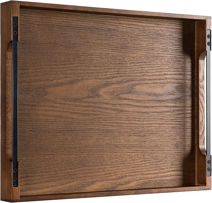 Axeman Wooden Serving Tray with Metal Handles|Ottoman Tray for Breakfast, Bed, Couch|17x13in Ash Wood Coffee Table Trays|Food Drinks Decorative Storage Boards for Ottoman Kitchen, Walnut